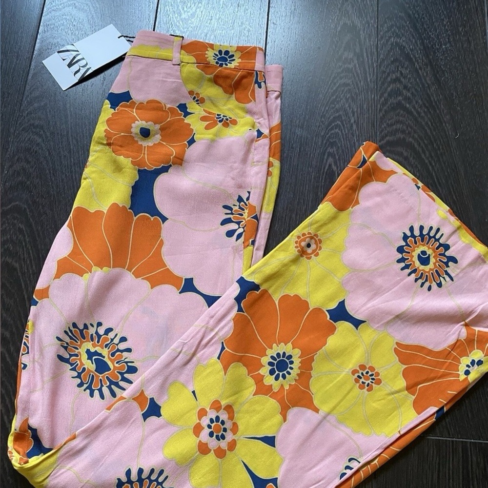 Zara Pink and Yellow Flare Jeans with Retro Floral Design